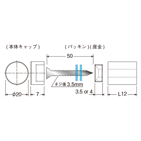 ウォールデコフックタイプI (固定)20×φ12　店舗用品　化粧ビス　ナット