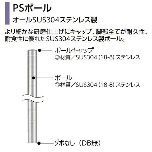 PSポール PS755 H761mm (オールSUS304ステンレス製) 打ち込みキャスター用(ダイカストナット･アジャストボルト無) 1本 【業務用】PS755N