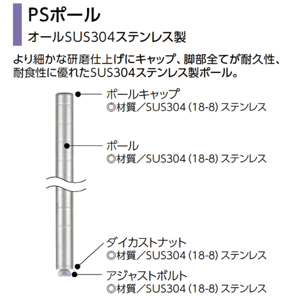 PSポール PS755 H774mm (オールSUS304ステンレス製) ダイカストナット・アジャストボルト付き 1本 【業務用】PS755W